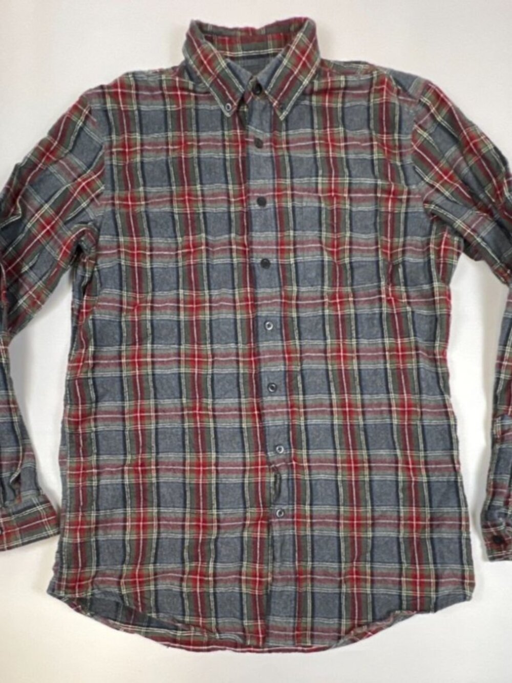 L.L. Bean Men Medium M Tall Grey Red Plaid Slightly Fitted Cotton Flannel Shirt
